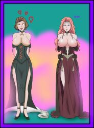  blue_eyes blush breasts breasts_outside brown_eyes brown_hair choker cleavage comic cornelia_(fire_emblem) dazed dress exposed_chest expressionless female_only femsub fire_emblem fire_emblem_three_houses happy_trance heart high_heels large_breasts long_hair magic manuela_casagranda mole multiple_girls multiple_subs nintendo nipples onemind open_mouth pink_hair short_hair standing topless 