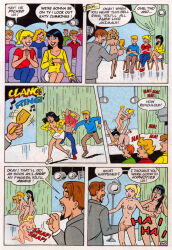  archie_(series) bell betty_cooper black_hair blonde_hair bottomless breasts brown_hair comic dialogue exhibitionism femsub finger_snap from_behind groping group_sex holding_breasts maledom masturbation nude red_hair sex stage_hypnosis text topless trigger unaware undressing veronica_lodge western 