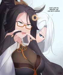  alternate_form angry black_hair blue_eyes breasts bridal_gauntlets cleavage clothed cloud_retainer_(genshin_impact) coin dialogue drool english_text eroborne female_only femsub finger_in_mouth genshin_impact glasses green_eyes hair_covering_one_eye hair_ornament hypnotized_assistant large_breasts long_hair multiple_girls multiple_subs open_mouth pendulum ponytail resisting shenhe_(genshin_impact) smile spiral_eyes text tongue trembling white_hair 