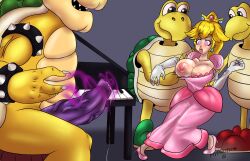  blonde_hair bowser breasts claws cleavage collarbone crown dress drool earrings erection eyebrows_visible_through_hair femsub gloves huge_breasts huge_cock hypnotic_penis hypnotico koopa_troopa lizard_boy long_hair maledom muscle_boy nintendo nipples open_mouth opera_gloves penis pink_eyes princess princess_peach sharp_teeth signature simple_background smile spiral_eyes standing super_mario_bros. symbol_in_eyes tagme tongue tongue_out undressing veins 