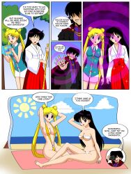  arms_above_head beach bikini black_hair blonde_hair breasts camera clothed_exposure comic dead_source femsub happy_trance jimryu large_breasts long_hair maledom open_mouth posing sailor_mars sailor_moon sailor_moon_(series) short_hair shrine_maiden sling_bikini spiral swimsuit text twintails 