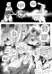  absurdres androgynous_dom arms_above_head artoria_pendragon artoria_pendragon_(lancer) bb_(fate/extra_ccc) blush breast_fondling comic dazed dialogue drool english_text fate/extra_ccc fate/grand_order fate_(series) femdom femsub greyscale heart hyoui_lover hypnotized_dom large_breasts leotard long_hair magic mashu_kyrielight multiple_girls multiple_subs nipples no_eyes open_mouth possession restrained royalty short_hair speech_bubble tamamo_no_mae text torn_clothes 