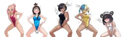 body_control canari_(pokemon) dark_skin emma_(pokemon) gwynn_(pokemon) haigure leotard lida_(pokemon) multiple_girls multiple_subs nintendo pokemon sintro8190 swimsuit taunie_(pokemon)