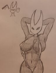 absurdres arms_above_head before_and_after breasts bug_girl dark_skin expressionless ghostec greyscale hollow_knight_(series) hornet_(hollow_knight) insect large_breasts mask monochrome pendulum sling_bikini spiral spiral_eyes symbol_in_eyes traditional