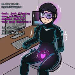  accidental_hypnosis aware black_hair bodysuit bulge chair collarbone computer consensual drone eyebrows_visible_through_hair glowing grey_eyes happy_trance heart_eyes iris_azure keyboard monitor office one_eye_open original self_hypnosis short_hair sitting spiral text tight_clothing trance_delightful visor 