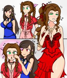 aerith_gainsborough alternate_costume blue_eyes bow breasts brown_hair cleavage comic dazed dress drool earrings empty_eyes female_only femdom femsub final_fantasy final_fantasy_vii green_eyes happy_trance hypnotized_hypnotist jewelry large_breasts long_hair open_mouth ponytail red_eyes smile sortish spiral tifa_lockhart underwear