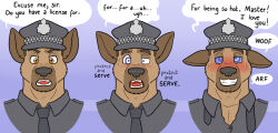  before_and_after blueballs blush dog_boy drool furry happy_trance hat looking_at_viewer male_only malesub police_uniform ring_eyes sweat text tie 