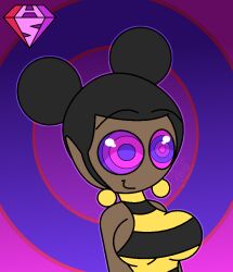 androgynous_dom bare_shoulders bee_girl bisexual black_hair bumblebee_(teen_titans) dark_skin dc_comics earrings eyebrows_visible_through_hair female_only femsub hair_buns happy_trance hypnoscream kaa_eyes large_breasts multicolored_eyes pov_dom pride_colors ring_background simple_background smile solo teen_titans 