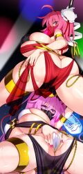  dancer earrings female_only femsub harem_outfit hata_no_kokoro huge_ass huge_breasts hypnotic_accessory jewelry kasen_ibaraki looking_at_viewer mask multiple_girls pink_hair renmeri_chuchu sweat touhou veil 