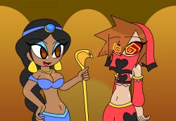  aladdin_(series) alternate_costume bare_shoulders black_hair breasts brown_eyes brown_hair choker cleavage crossover dark_skin disney earrings femdom hand_on_hip harem_outfit hypnoscream hypnotic_magic kingdom_hearts long_hair magic malesub midriff navel princess_jasmine short_hair sora spiralwash_eyes square_enix staff story tagme veil 