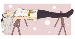  catalepsy closed_eyes dress ef-nsfw elie_macdowell female_only femsub hair_band happy_trance leggings pink_background sleeping socks stage_hypnosis the_legend_of_heroes white_hair 
