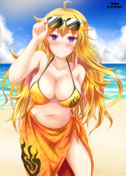 beach blonde_hair breasts femsub hypnotic_eyes large_breasts looking_at_viewer pov pov_dom rwby spiral spiral_eyes sunglasses swimsuit symbol_in_eyes trw18 yang_xiao_long