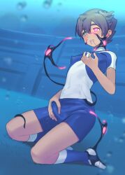  absurdres brown_hair clothed drool erect_nipples_under_clothes erection erection_under_clothes herouke inazuma_eleven kneeling male_only malesub matsukage_tenma multicolored_eyes parasite short_hair tears unhappy_trance 