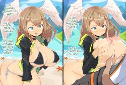  ass beach before_and_after bikini blue_eyes blush bottomless breasts brown_hair cleavage clothed cum cum_on_breasts cum_on_hair denial dialogue drool empty_eyes eunie_(xenoblade) expressionless femsub guilegaze_(manipper) hoodie huge_breasts instant_loss jellcaps long_hair manip nintendo open_mouth paizuri penis taion_(xenoblade) tan_lines text wings xenoblade_chronicles xenoblade_chronicles_3 