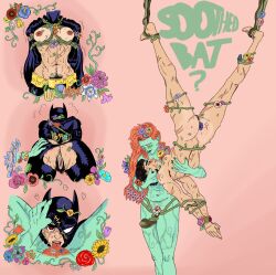  absurdres ass bare_legs bare_shoulders barefoot batgirl batman_(series) black_hair blush bondage bottomless cassandra_cain clothed_exposure corruption cunnilingus dc_comics english_text female_only femdom femsub flower flower_in_hair from_behind green_lipstick green_skin hand_on_another's_cheek hand_on_head hanging_down heart heart_eyes legs lipstick_mark love multiple_views nude orange_hair petrichor-night-walk pheromones plant plant_girl poison_ivy pov pov_dom pubic_hair restrained scars simple_background strap-on super_hero symbol symbol_in_eyes text topless torn_clothes trembling unusual_pupils vines yuri 