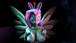 3d antenna bottomless breasts cleavage cuddlycarlos female_only femsub fluttershy furry glowing glowing_eyes happy_trance horse_girl hypnotic_accessory my_little_pony nude pet_play pink_hair tech_control tongue tongue_out topless wings