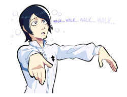 blue_hair bubble dazed dialogue drool himbonosis male_only malesub open_mouth persona_5 purple_eyes text white_background yusuke_kitagawa zombie_walk