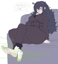  ahoge barefoot blush breasts clothed couch drool feet female_only femdom foot_focus glowing glowing_eyes headband heart hex_maniac hypnotic_feet hypnotic_smell large_breasts lazei long_hair nintendo pokemon pokemon_x_and_y pov pov_sub purple_hair simple_background smell smile text white_background 