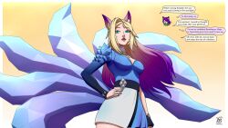 ahri_(league_of_legends) alternate_hair_color aware blonde_hair blue_eyes breasts cleavage closed_eyes dialogue english_text female_only femdom femsub fusion hand_on_hip happy_trance kitsune_girl kodaka_lu&#039;an_(stargizar) league_of_legends long_hair multicolored_hair original possession purple_hair smile speech_bubble tail text thought_bubble ydbunny