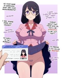 absurdres bakemonogatari black_hair border dialogue empty_eyes expressionless femsub glasses gradient_background guilegaze guilegaze_(manipper) id_card large_breasts long_hair monogatari_(series) no_panties pov pubic_hair purple_eyes pussy school_uniform shirt skirt skirt_lift text tsubasa_hanekawa