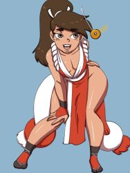  blue_background brown_hair coin cosplay costume darkeros fatal_fury female_only femsub genderswap girlinworld(manipper) hair_ribbon hand_on_hip king_of_fighters long_hair mai_shiranui manip marco_diaz mole ninja open_mouth pendulum simple_background solo star_vs_the_forces_of_evil thick_thighs 