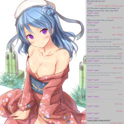 bare_shoulders blue_hair blush caption collarbone cradily_(manipper) feesu_(rinc7600) female_only femsub hat kantai_collection kimono long_hair manip personification purple_eyes smile spiral_eyes symbol_in_eyes text urakaze_(kantai_collection)