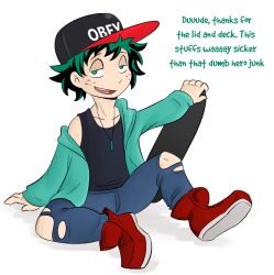 alternate_costume brain_drain dialogue freckles green_eyes green_hair happy_trance hat hypnotic_accessory izuku_midoriya male_only malesub mr.h my_hero_academia open_mouth sitting smile text