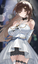 bare_shoulders before_and_after breasts brown_eyes brown_hair chinese_text choker cleavage clothed dress earrings female_only femsub hair_clips hair_ornament hair_ribbon jewelry kirihara_aki lace large_breasts long_hair nana7mi necklace ribbon smile solo sparkle text translation_request virtual_youtuber