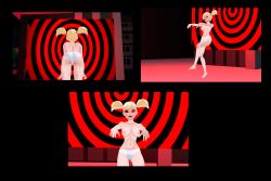  3d ass batman_(series) blonde_hair dc_comics femsub harley_quinn hypnobrother hypnotic_screen hypnotized_walking large_breasts panties spiral_eyes zombie_walk 