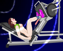  absurdres blush bottomless brown_hair clothed_exposure dildo drool exercise female_only femsub glowing_eyes gym hypnotic_audio midriff mspainter open_mouth pussy_juice simple_background sneakers sportswear sweat symbol_in_eyes topless 