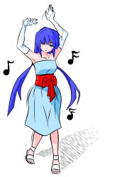 absurdres blue_eyes blue_hair dancing dazed dress empty_eyes etlabsotwe expressionless feet female_only femsub gloves open_mouth opera_gloves original sandals sketch traditional twintails very_long_hair white_background