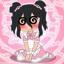  apron black_hair blush bow_tie chibi cleavage clothed cuffs dress dumbskull eyebrows_visible_through_hair femboy hair_clips happy_trance jessie_(dumbskull) kneeling long_hair long_skirt maid male_only malesub mole original pink_background ribbon simple_background skull slippers smile solo spiral_background text thighhighs twintails wrist_band 