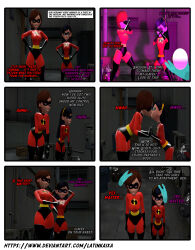  3d absurdres bodysuit comic disney femsub glowing_eyes happy_trance helen_parr incest mother_and_daughter purple_eyes text the_incredibles violet_parr yuri 