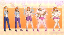  alternate_costume ass ass_expansion bimbofication breast_expansion breasts bulge censor_steam erection femsub hair_growth headphones huge_breasts hypnotic_audio hypnotic_music large_ass large_hips long_hair malesub music orange_hair phone short_shorts text thegxjudgement thick_thighs thong transformation transgender 