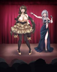 absurdres ak-12_(girls_frontline) breasts brown_hair empty_eyes eshie female_only femdom femsub girls_frontline happy_trance high_heels long_hair open_clothes ro635_(girls_frontline) skirt stage_hypnosis standing thighhighs