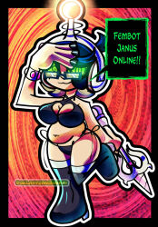  black_hair bracelet breasts chubby cleavage dark_skin fembot glasses green_sclera green_skin headphones latex nail_polish sinisteryoru smile swimsuit tech_control thigh_boots witch 