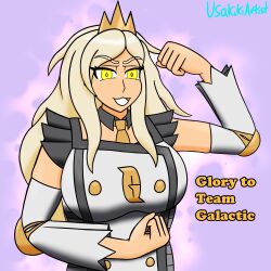 alternate_costume blonde_hair crown eri_(pokemon) female_only flexing glowing glowing_eyes pokemon pokemon_scarlet_and_violet team_galactic text usakiki yellow_eyes