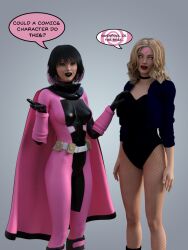 3d alternate_costume black_canary black_hair blonde_hair dc_comics dialogue dinah_lance female_only femdom femsub gwen_poole gwenpool happy_trance hypnotic_accessory marvel_comics microchip pink_hair spiral_eyes super_hero symbol_in_eyes tech_control text theheckle