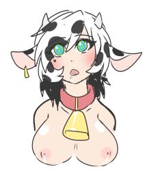 artist_request black_hair bottomless breasts cow_girl cowbell dazed drool expressionless female_only femsub horns inverted_nipples lactation large_breasts nude open_mouth short_hair spiral_eyes symbol_in_eyes topless white_hair