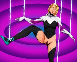  abs blonde_hair bottomless expressionless female_only femsub glowing_eyes green_eyes gwen_stacy marvel_comics megaguardain open_mouth puppet short_hair spider-gwen super_hero tagme 