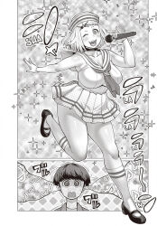 accidental_hypnosis blonde_hair blush breasts choker chubby comic confused dazed elf-san_wa_yaserarenai empty_eyes fangs femdom gloves greyscale hairpin hypnotic_audio illusion large_breasts malesub microphone monochrome open_mouth ring_eyes short_hair skirt socks sparkle text wink