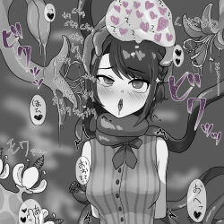 absurdres blush confused drool femsub greyscale heart hololive monochrome open_mouth restrained short_hair subaru_oozora tentacles text translation_request virtual_youtuber