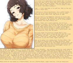  bragging breasts caption caption_only collarbone dialogue femdom good_sub_conditioning huge_breasts hypnotic_breasts kurosususu large_breasts looking_at_viewer male_pov manip overlordmiles_(manipper) persona_(series) persona_5 pov pov_sub sadayo_kawakami sweater teacher text 