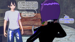 angry aware breasts carrot clothed dc_comics dialogue dogdog english_text glasses goth grey_eyes grey_skin heart nipples purple_hair raven text torn_clothes