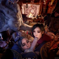 3d ada_wong ass black_hair blowjob_face corruption cum fellatio hakkux monster red_eyes resident_evil sheva_alomar