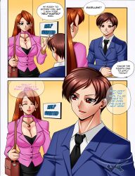 breasts brown_hair cleavage closed_eyes colette_maplewood_(daveyboysmith9) comic david_smith_(daveyboysmith9) earrings jadenkaiba jewelry large_breasts long_hair necklace open_mouth original text tie