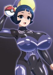  aged_up black_eyes blue_hair bodysuit breasts cleavage corruption empty_eyes enemy_conversion erect_nipples_under_clothes femsub gradient_background hat huge_breasts large_breasts latex looking_at_viewer nintendo open_mouth pokeball pokemon pokemon_scarlet_and_violet pokemon_trainer poppy_(pokemon) short_hair simple_background standing xenoxeno 