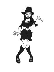 black_hair breasts expressionless femsub greyscale hat large_breasts long_hair magic_wand monochrome spiral_eyes symbol_in_eyes witch witch_hat