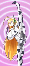  bikini breasts cave_story cleavage cow_girl curly_brace drool empty_eyes erect_nipples female_only femsub horns huge_breasts lactation long_hair micro_bikini milking open_mouth pussy robot_girl spiral_background standing_split thighhighs underwear zedrin 