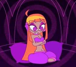  aged_up ahoge altered_common_sense alternate_costume cleavage crossed_arms crossed_legs eyebrows_visible_through_hair eyeshadow femdom futaba_sakura glasses happy_trance harem_outfit headphones hypnoscream long_hair orange_hair persona_(series) persona_5 purple_eyes ring_eyes shiny_hair shiny_skin simple_background sitting smile story straight-cut_bangs tan_skin turning_the_tables 